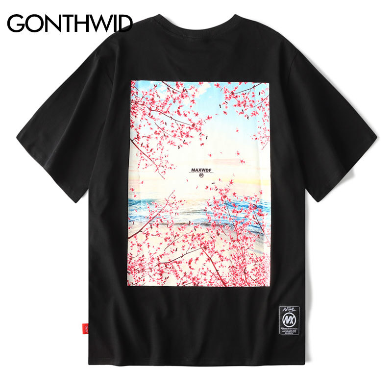 GONTHWID Natural Flowers Landscape Print Streetwear Tshirts Hip Hop Harajuku Casual Tops Tees Men Fashion Short Sleeve Shirts 210225