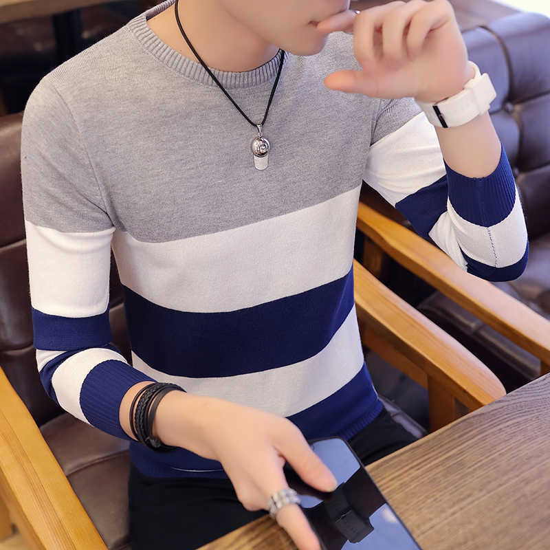 Casual Men Sweater Color Block Patchwork O Neck Long Sleeve Knitted Sweaters Top Blouse For Warm Men's Clothing Striped C251 210929