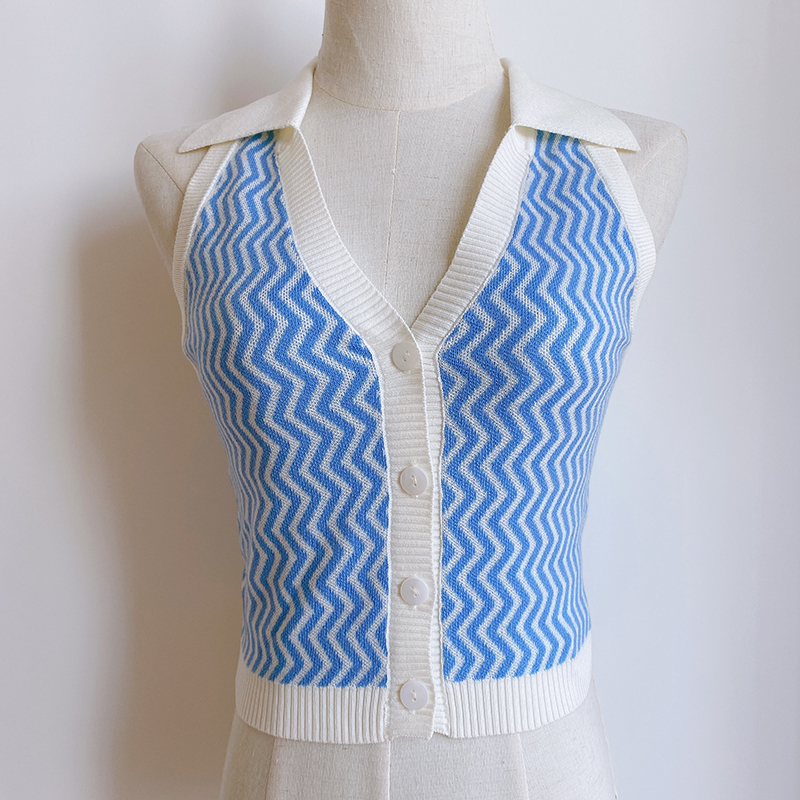 90s Chic Bella Hadid Knit Halter Crop Top Women Vintage Blue Striped Summer Beach Tank Tops Street Fashion Girls Sexy Tee Shirts 210308