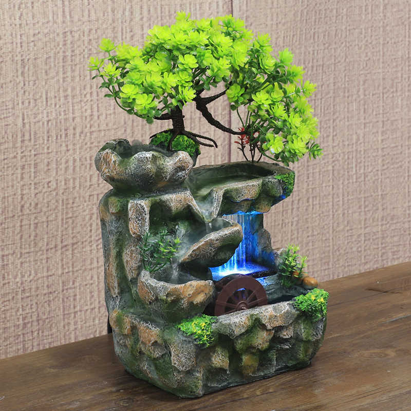 Creative Feng Shui Flowing Water Fountain Desktop Resin Rockery Landscape Waterfall Fountain Crafts with 7-Color Led Change 210727