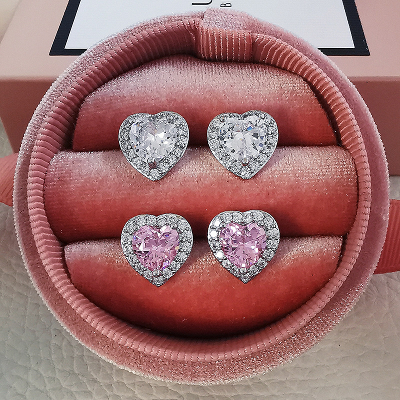 Choucong Simple Fashion Stud Earring Luxury Jewelry 925 Sterling Silver White Pink 5A Cubic Zircon Heart Shape Diamond Promise Gemstones Women Hollow 