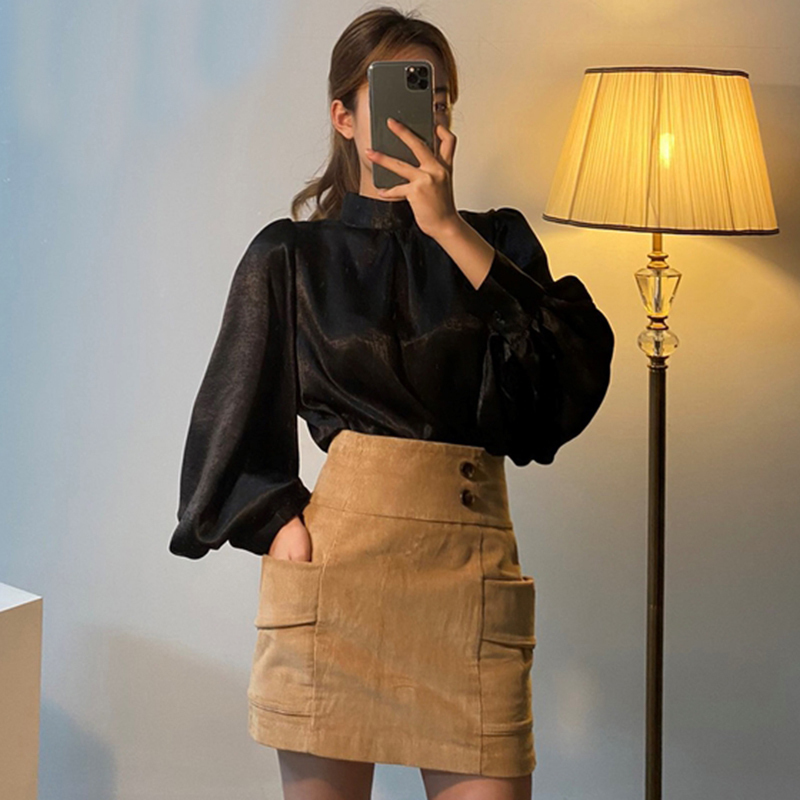 Elegant Fashion Women Satin Blouse Puff Sleeve Satand Collar Korean Long Sleeve Shirt Office Lady Spring Blouses Blusas 12944 210225
