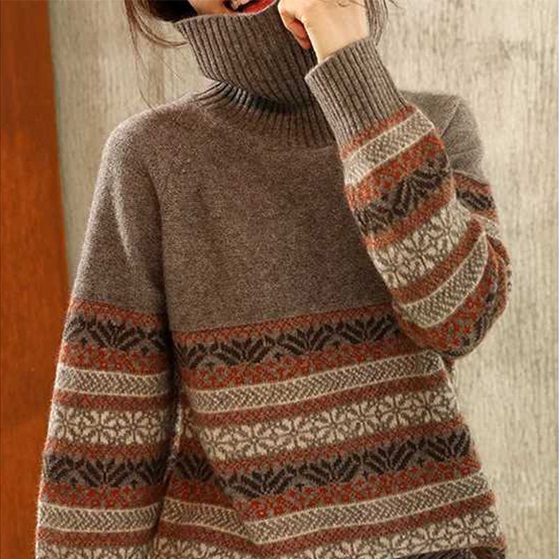 Turtleneck cashmere sweater women loose casual jacquard knitted bottoming top new pullover 100%WOOL sweater women autumn winter 210218