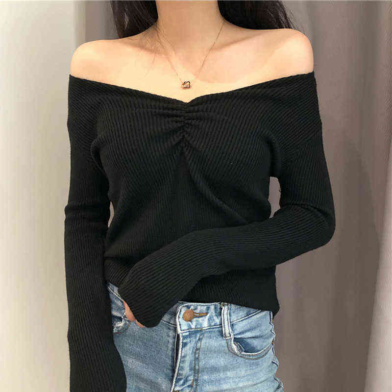 JMPRS Sexy V Neck Women Sweater Autumn Knitted Pullover Jumper Chic Soft Korean Slim Long Sleeve Female Basic Top 211109