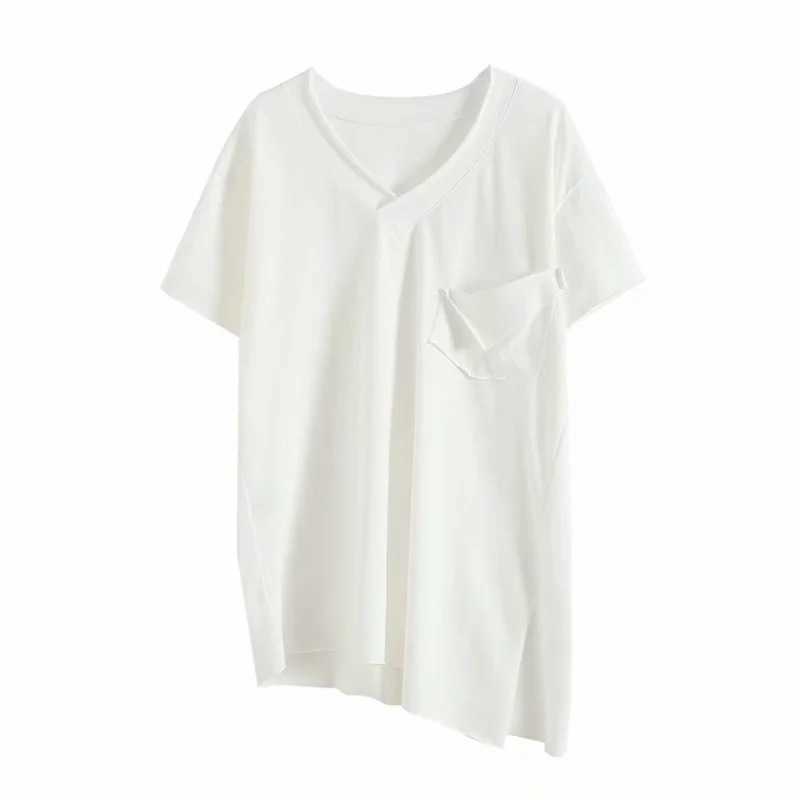 Spring Fashion V-neck White Bottoming Shirt Irregular Patchwork Pocket Short-sleeved T-shirt Women 210615 
Spring Fashion V-neck White Bottoming Shirt Irregular Patchwork Pocket Short-sleeved T-shirt Women 210615