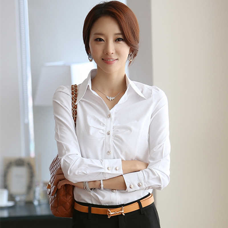 Korean Women Shirts Office Lady V Neck White Woman Chiffon Blouse Basic Blusas Mujer De Moda 210531