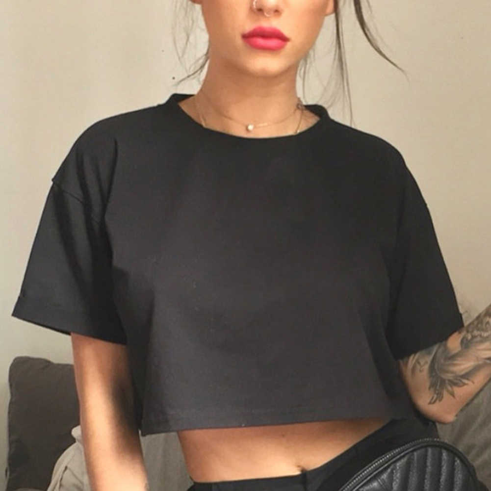 Female t-shirt 2020 Fashion Women's t shirt Crop Tops Summer Simple Soild tshirt Female Casual Tee Tops O-neck White T shirt X0628