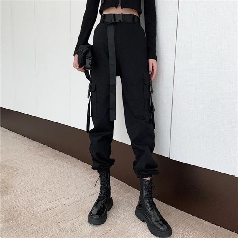 QWEEK Gothic Black Cargo Pants Women Hippie Streetwear Autumn Harajuku Loose Trousers For Female Rave Punk Straight Oversize 211115
