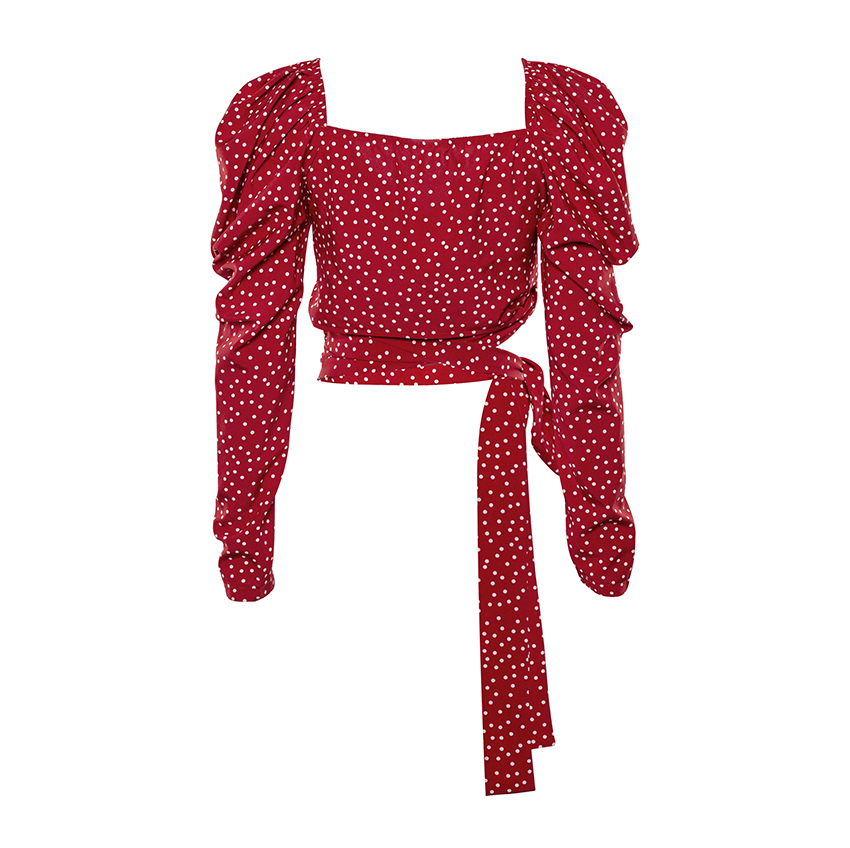 V-Neck Vintage Red Polka Dot Blouse Print Shirt Office Lady Wrap Top Elegant Blouse Women Puff Long Sleeve Sexy Crop Top Lace-Up 210225