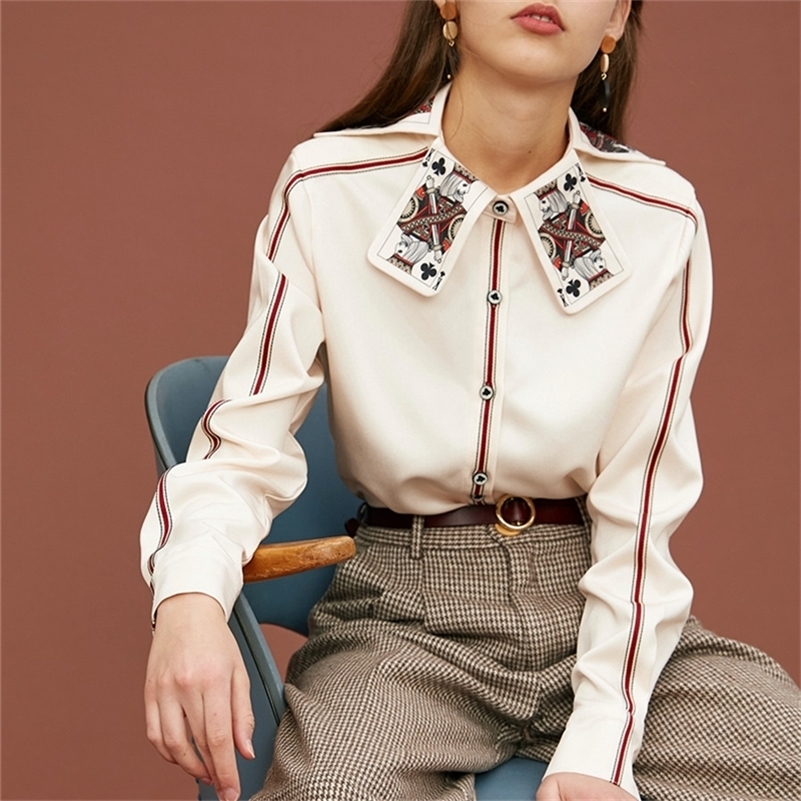 Women Blouse Shirt Female New Spring Special King Card Print Collar Shirts Cool Woman Tops Ladies Party Long Sleeve Shirts NS634 210225