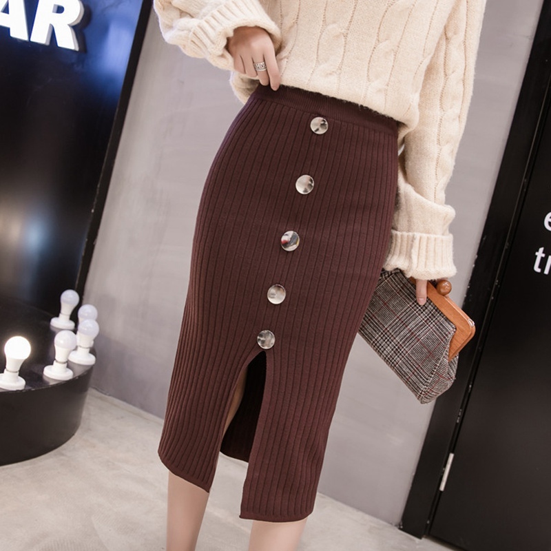 GIGOGOU High Waist Autumn Winter Knitted Women Skirts Warm skirt Long Female Rib Skirts With Button 210309