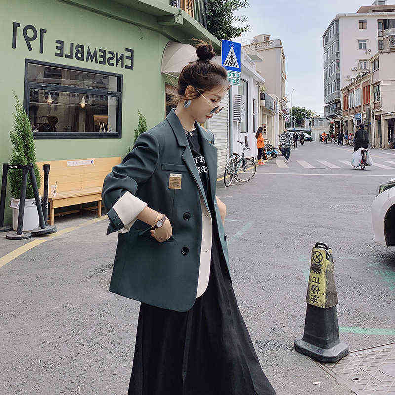 [EWQ] Autumn Female Office Lady Notched Collar Long-sleeved Single Breasted Patchwork Green Minimalist Blazer Coat 8P088 211122