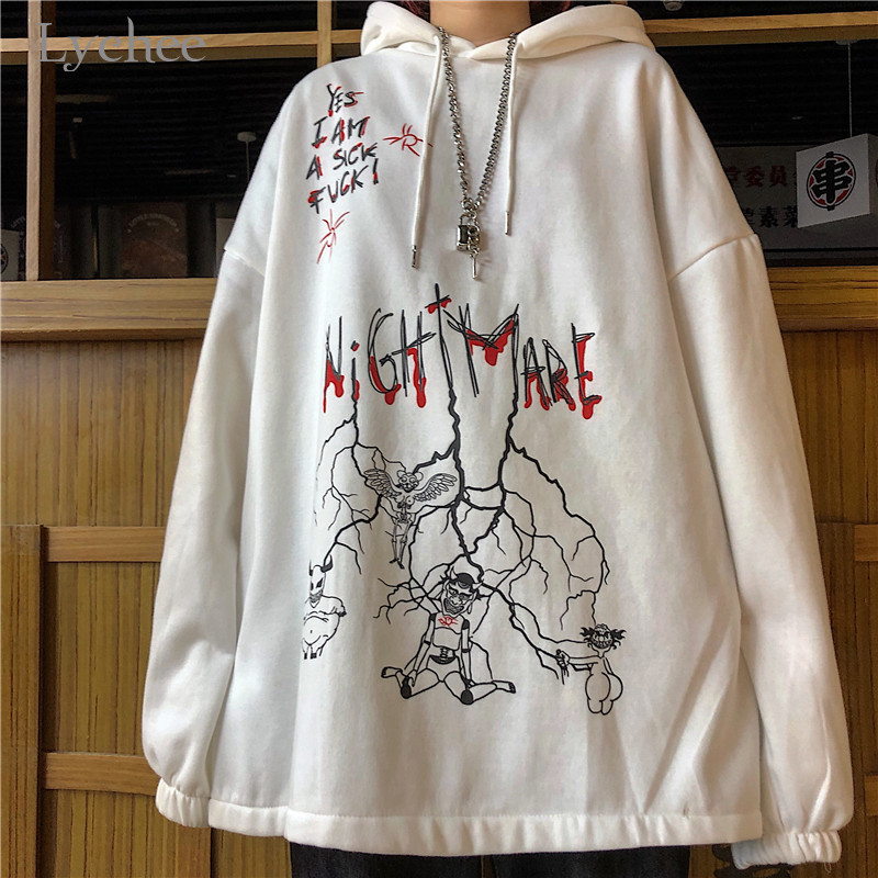 Lychee Harajuku Loose Casual Female Hoodies Pullovers Graffiti Devil Letter Women Hooded Sweatshirt Autumn Lady Sweatshirts Tops 201212