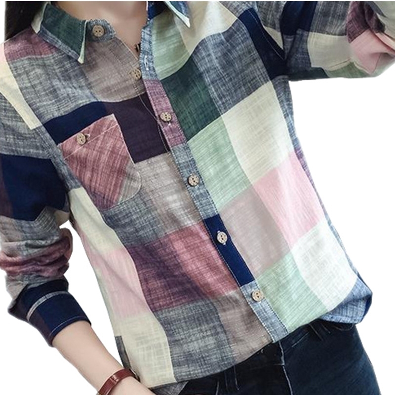 Casual Plaid Women Blouses Kimono Vintage Linen Cotton Long Sleeve Blouse Female Shirts Tops Camisa Feminina Chemise Femme T200319