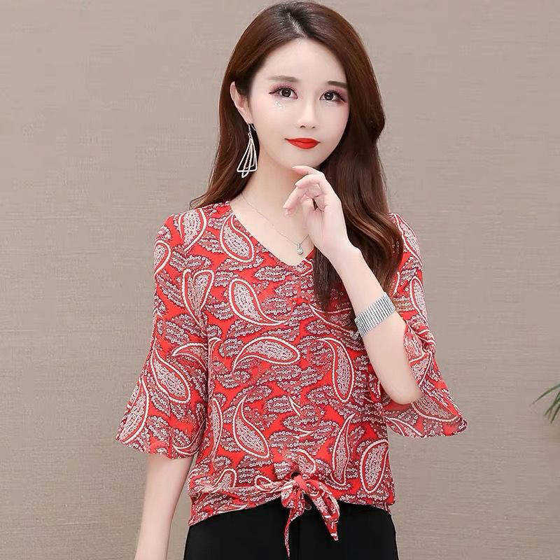 Chiffon Blouses Shirts Lady Casual Short Flare Sleeve Flower Printed V-Neck Bow Tie Decor Blusas Tops DF2895 210609, Yellow
Chiffon Blouses Shirts Lady Casual Short Flare Sleeve Flower Printed V-Neck Bow Tie Decor Blusas Tops DF2895 210609, Yellow