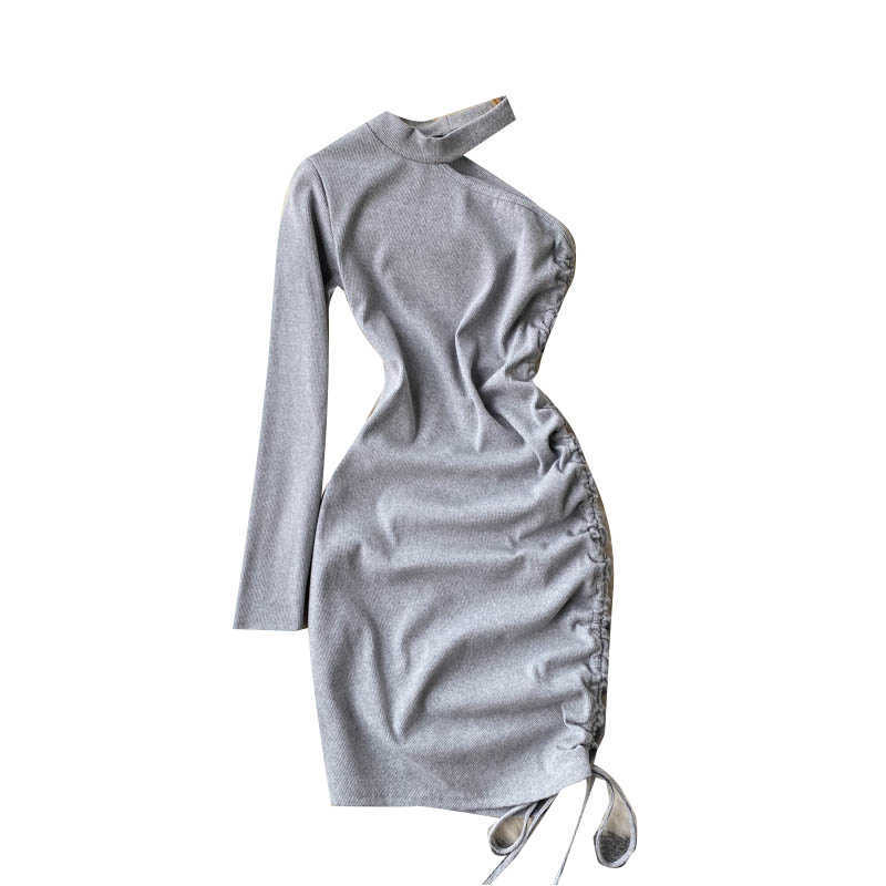 DEAT Women Single Side Long Sleeve Drawstring Dress Round Neck Short Sleeve Arrivals Lady Fashion Spring Summer 11D 210709