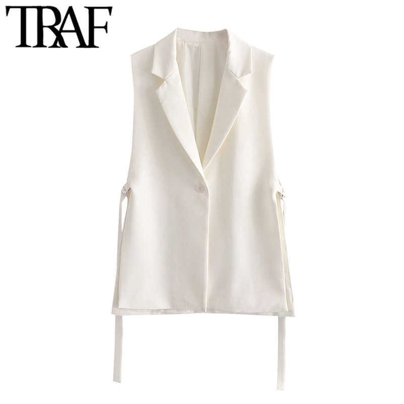 TRAF Women Fashion With Tabs Single Button Office Wear Waistcoat Vintage Sleeveless Side Vents Female Vest Coat Chic Veste 210819