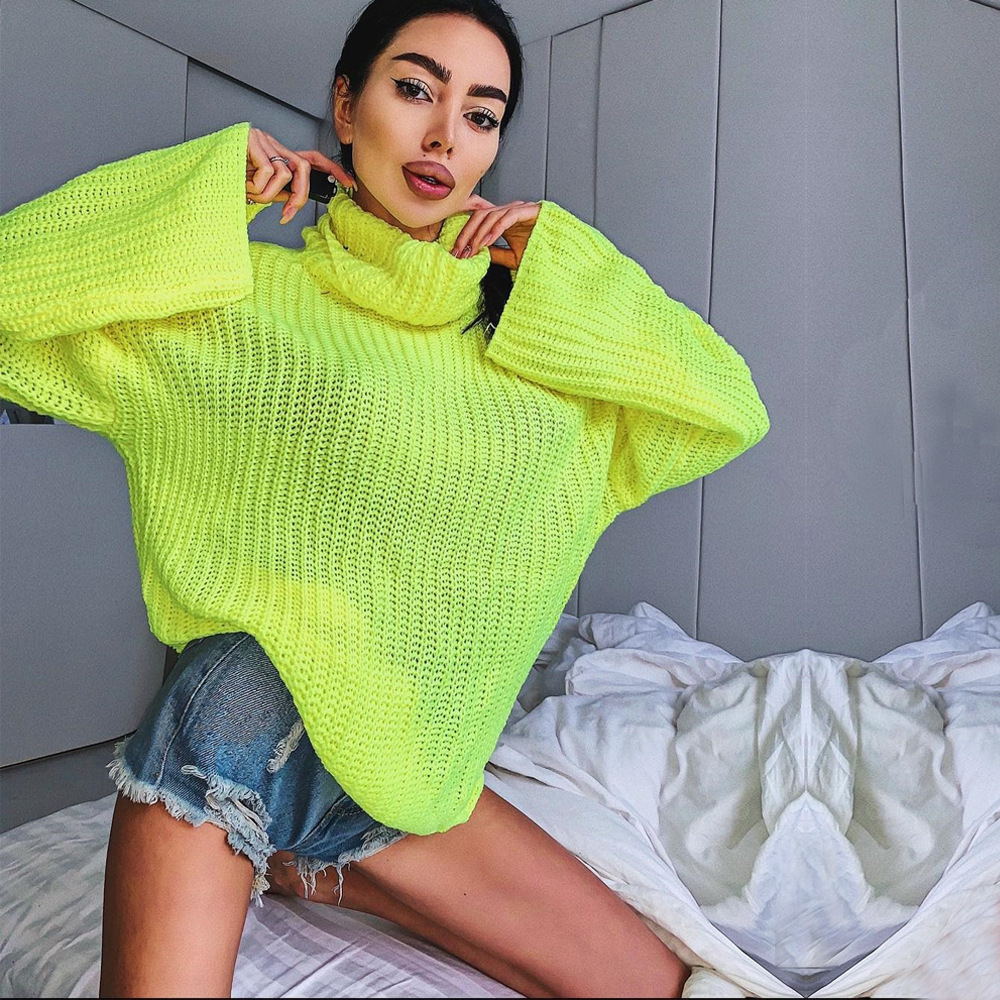 Foridol turtleneck sexy backless knitted sweater women autumn winter neon yellow oversized streetwear pullover casual jumper 210218