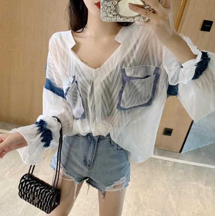 Big Size Korean Spring/summer Casual Denim Stitching Shirt Women's Loose Chiffon Long-sleeved Thin 210615