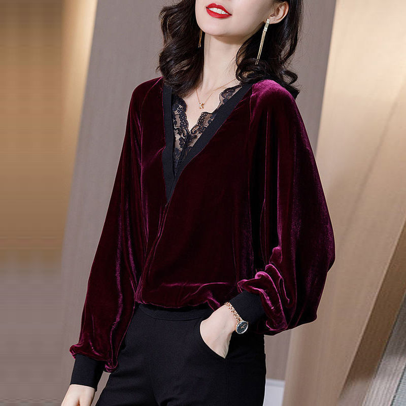 Autumn winter women blouse velvet shirts tops vintage long-sleeved lace v-neck blouses casual loose ladies tops female clothes 210225