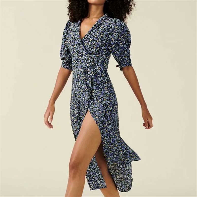 Elegant Women V-Neck Floral Print Dress Fashion Ladies Puff Sleeve Vintage Female Chic Asymmetric es 210527