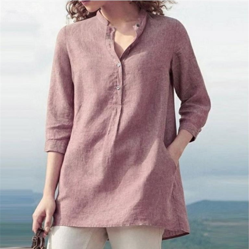 Shirt Blouse new Casual Solid Pockets Cotton Linen Summer Women 3/4 Sleeve shirt Retro Elegant Female Party Vestidos 5XL 210225