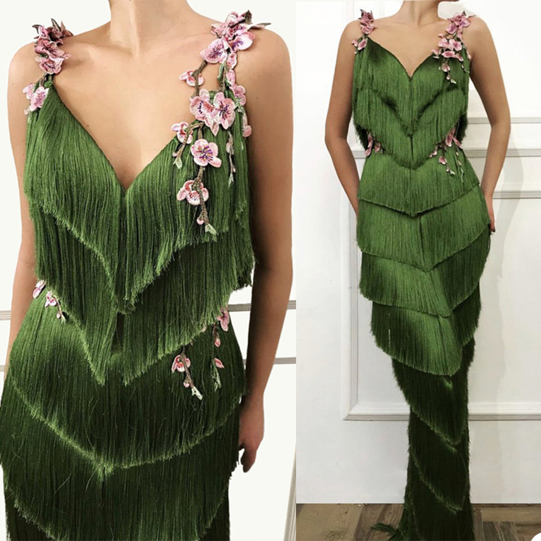 Gorgeous Green Mermaid Evening Dresses Sexy Spaghetti Strap Dubai Arabic Tassel Appliqued Lace Prom Dresses Sleeveless Formal Party Gown