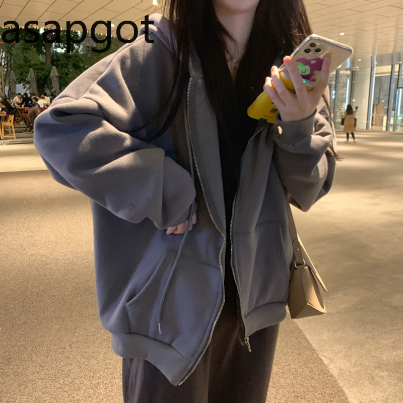 Asapgot Spring Autumn Korean Long Sleeve Loose Hoodies Zipper Up Sweatshirts Plus Size Tops Grey Coat Jacket T200904
