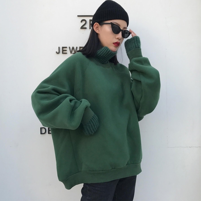 Autumn Women Plus Size Harajuku Green Knitted Sweatshirt Winter Hip Hop Thicken Turtleneck Streetwear Sweatshirt Loose Pullovers T200723