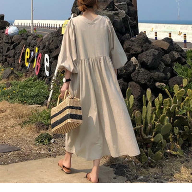TVVOVVIN New Korean Style Women Long Dress Loose Pluz Size Cotton And Linen Dress Female Summer Women Clothing F253 T200113