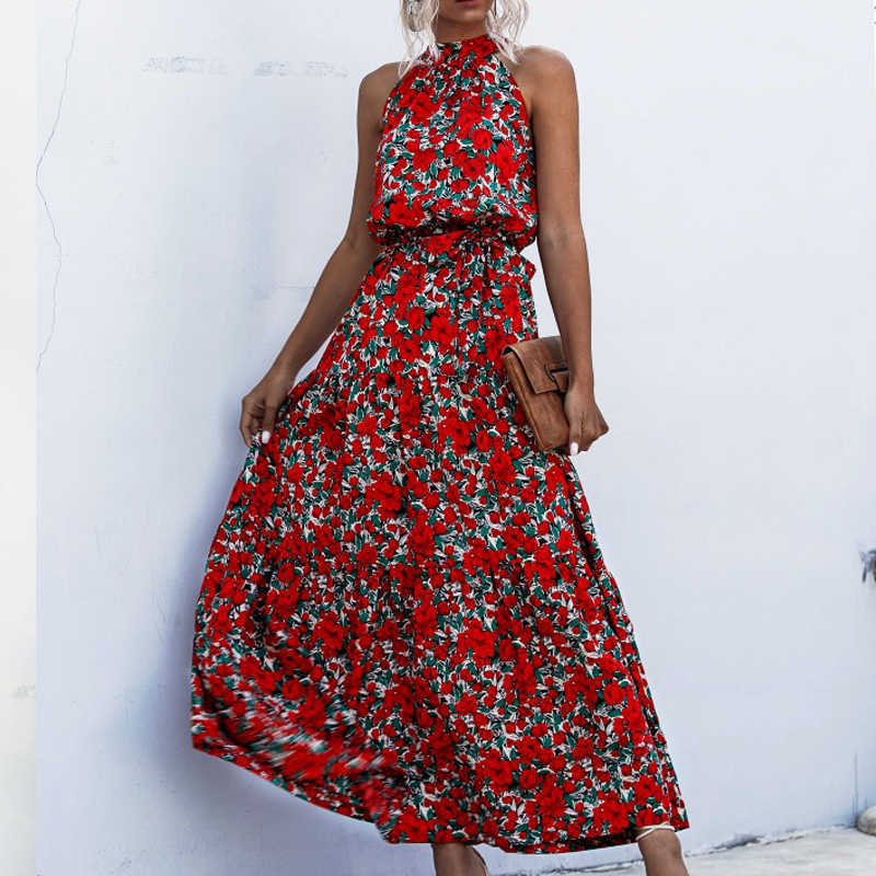 Summer Elegant Sexy beach long Dress Women Print Flowers Polka-dot strap Ladies Halter boho dress women vestidos Fashion 210630