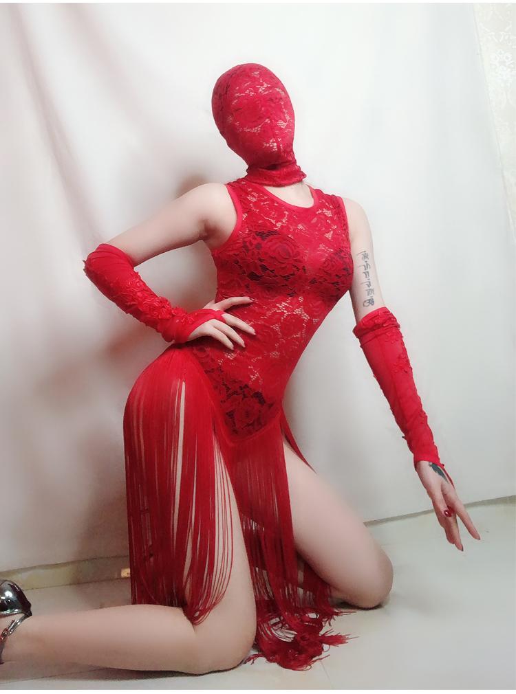 Women New Sexy Red Mesh Perspective Tassel Bodysuit Singer Nightclub Party Pole Dance Costume Festival Teams Performance Wear