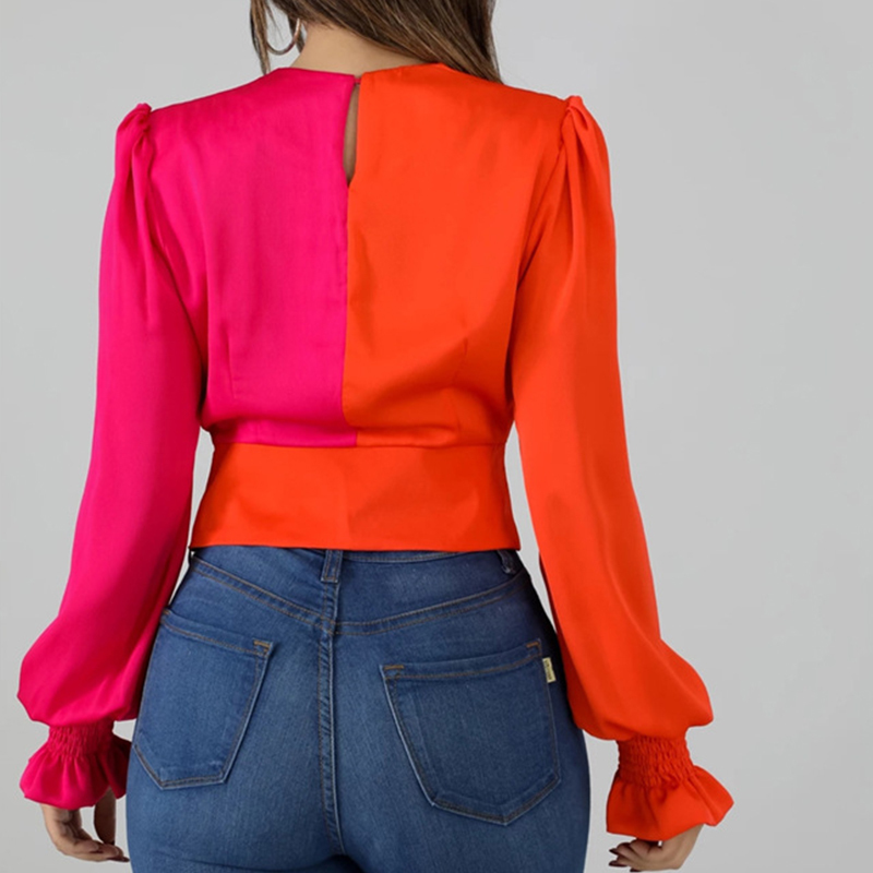 Fashion Colorblock Twist Front Deep V Neck T Shirts Women Long Sleeve Casual Crop Tops Streetwear T200616