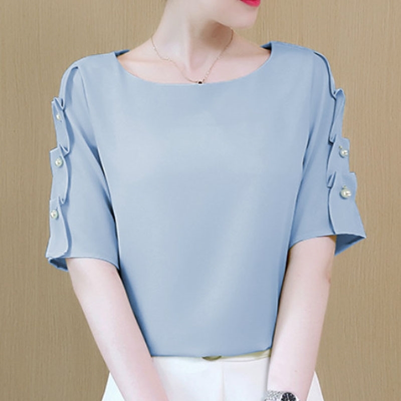Fashion women shirt Chiffon Tops beaded Short Sleeve shirt women green and white shirt ladies tops women clothes 0744 30