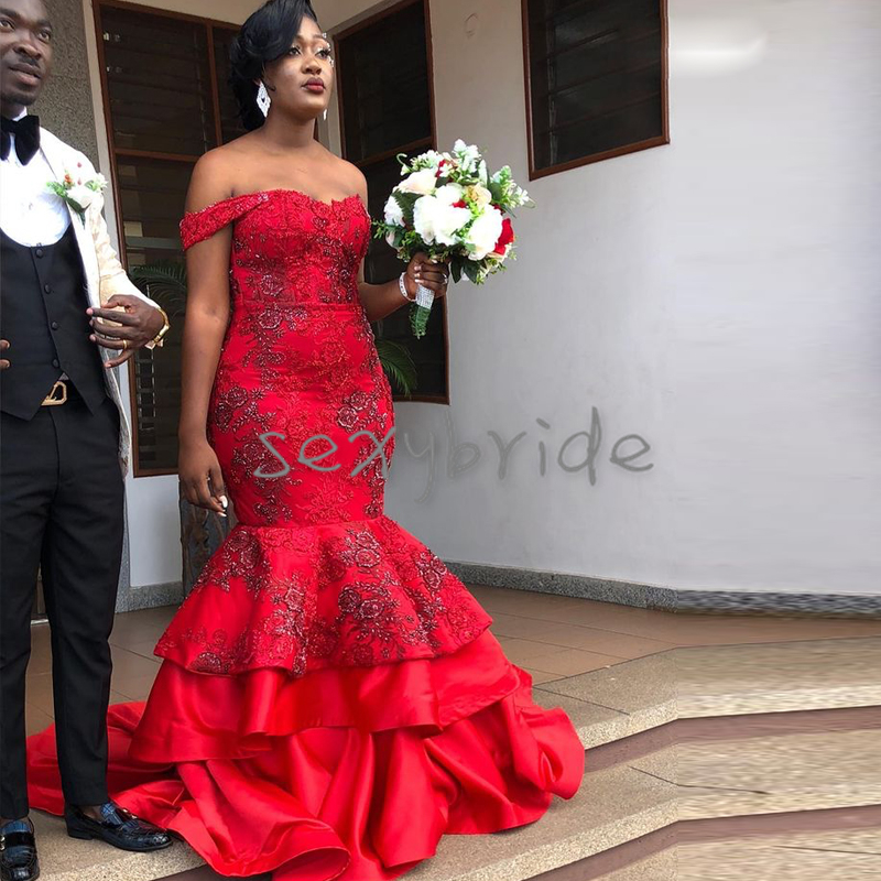 Plus Size Red Mermaid Lace Dresses Off Shoulder New Africa Beading Tiered Bridal Gown Satin Wedding Dress Reception Second Wear