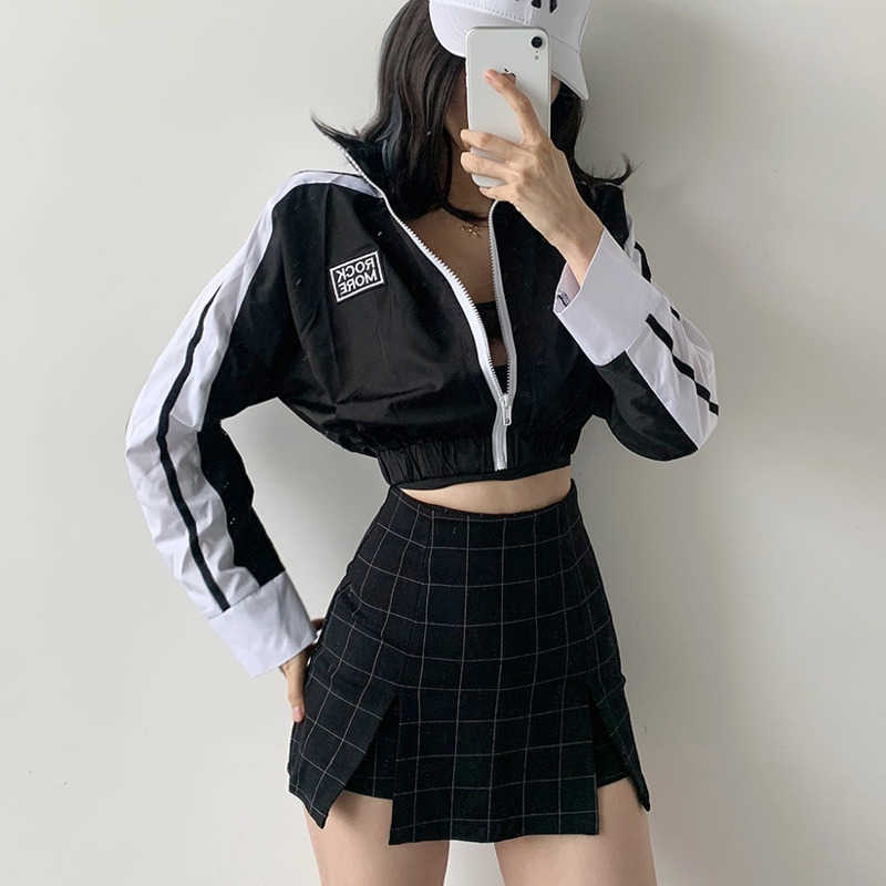 WOMENGAGA Loose Casual Fashion Sports Letter Embroidery Color Matching Zipper Open Navel Bomber Jacket Top WDVJ 210603