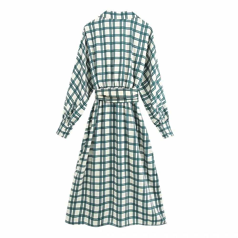 Women Dress Check Print V-neck Long Sleeves Elasticated waist Belted Midi Dress Elegant Femme Robe Ropa Mujer Vestidos 210709