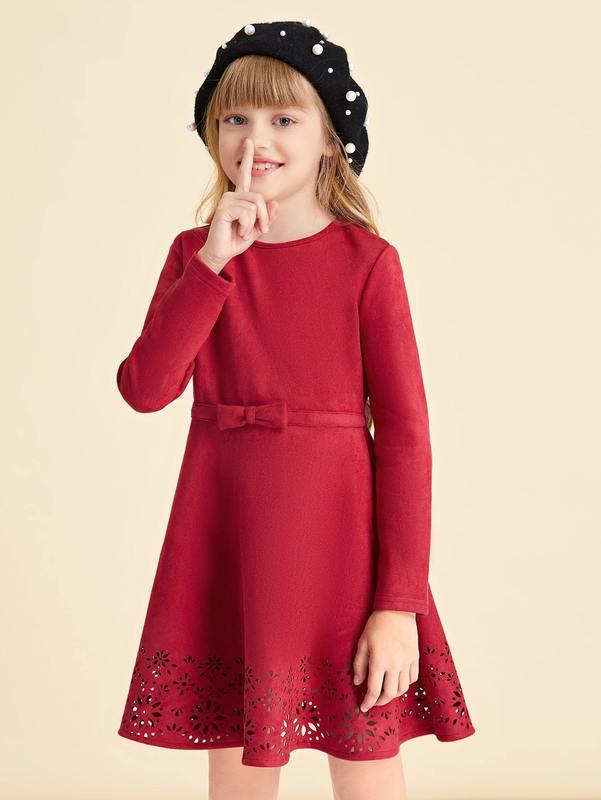 Girls Laser Cut Bow Front Dress SHE