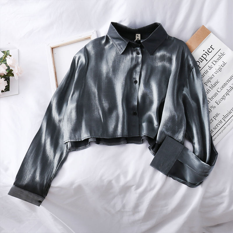 Korean Gloss Loose Slim Single-breasted Long Sleeve Shirt Women New Short Crop Tops Lapel Blouse J385 210225