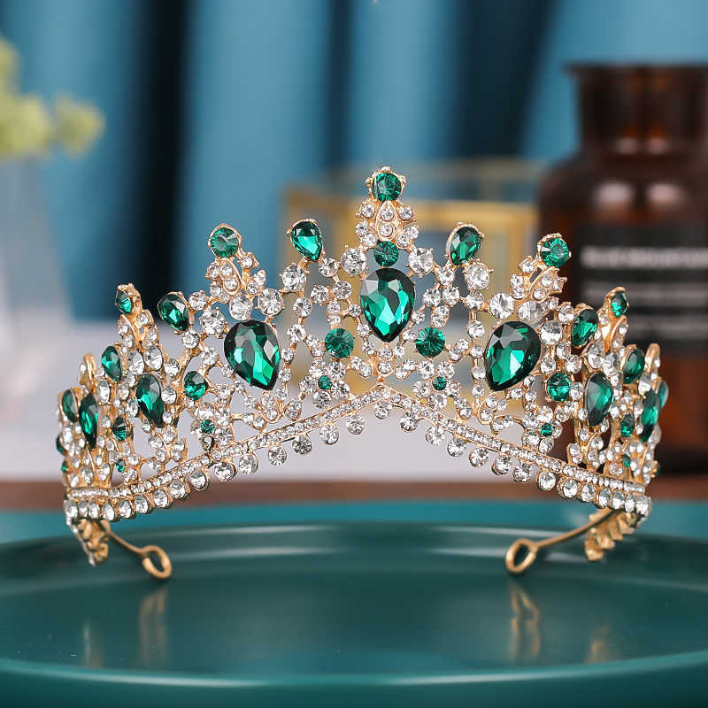 Trendy Green Crystal Rhinestone Baroque Vintage Tiara And Crowns For Queen Princess Bridal Wedding Hair Accessories Gift Jewelry H0827
