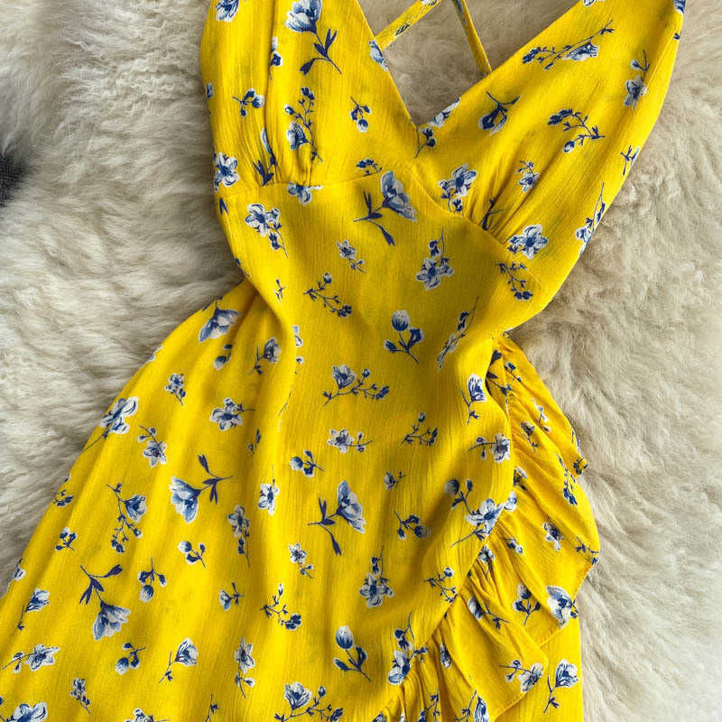 Women Dress Summer Sexy Deep V-neck Spaghetti Strap Floral Print Boho Beach Criss Cross Backless Ruffles Mini Sundress 210603