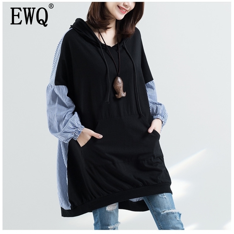 [EWQ] New Autumn Hooded Collar Striped Patchwork Black Loose Long Pullvoers Women's Sweatshirt Females Clothing AH16801XL 201112