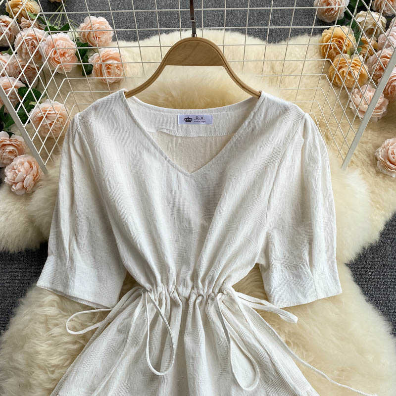 DEAT Women Drawstring Ruffles Dress V-Neck Short Sleeve Arrivals Lady Temperament Fashion Spring Summer 11D599 210709