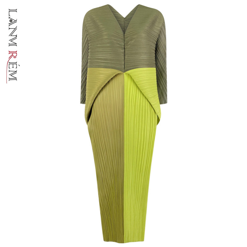 Spring Summer Patchwork Dress Women Casual Loose A-Line Dresses V-neck Pleated Mix Color Streetwear Clothes HT584 210526