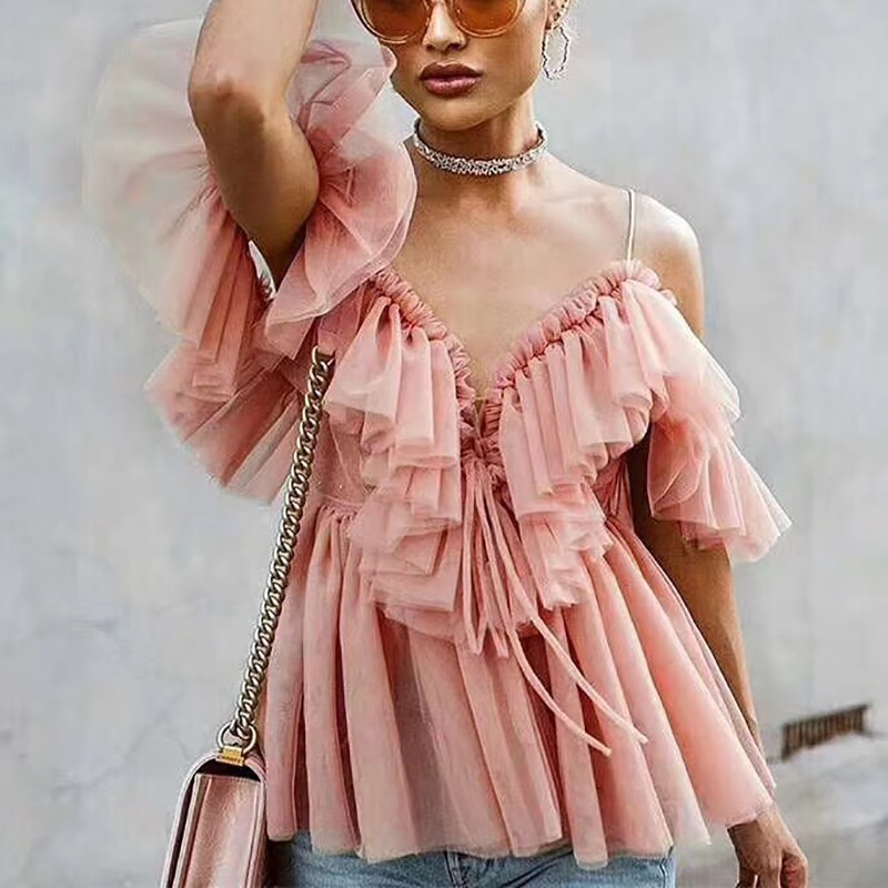 TWOTWINSTYLE Elegant T Shirt For Women V Neck Off Shoulder Tunic Mesh Bandage Tops Female Fashion Summer Clothes New 210308