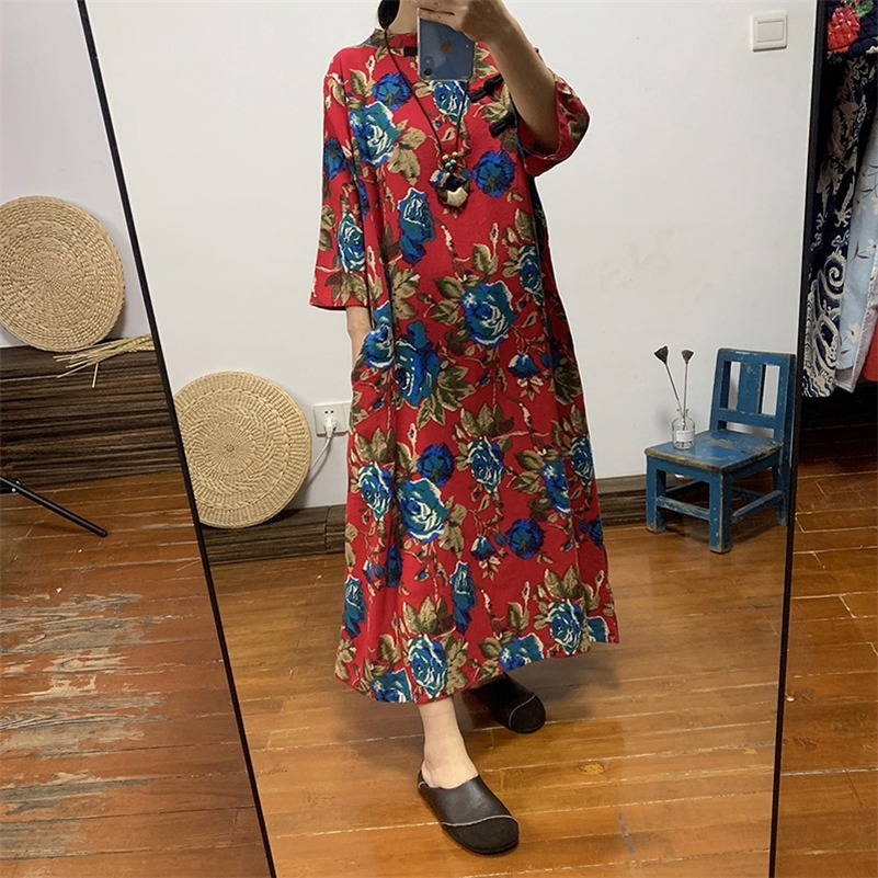 Ethnic women's long cotton and linen large color loose size dress Chinese retro diagonal buckle tea clothing autumn 210309