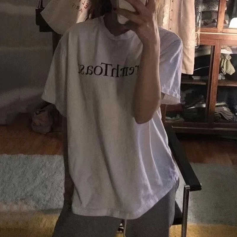 Korejpaa Women T-Shirt Summer Korean Chic Girls Simple Versatile Round Neck Loose Casual Printed Letters Short-Sleeved Top 210526