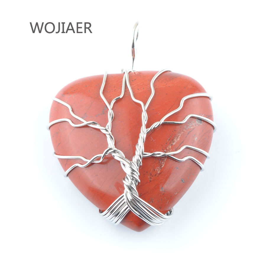 WOJIAER Silver Tree of Life Wire Wrap Water Bead Pendant Natural Golden Sand Pink Quartz Gem Stone Heart Jewelry BN362