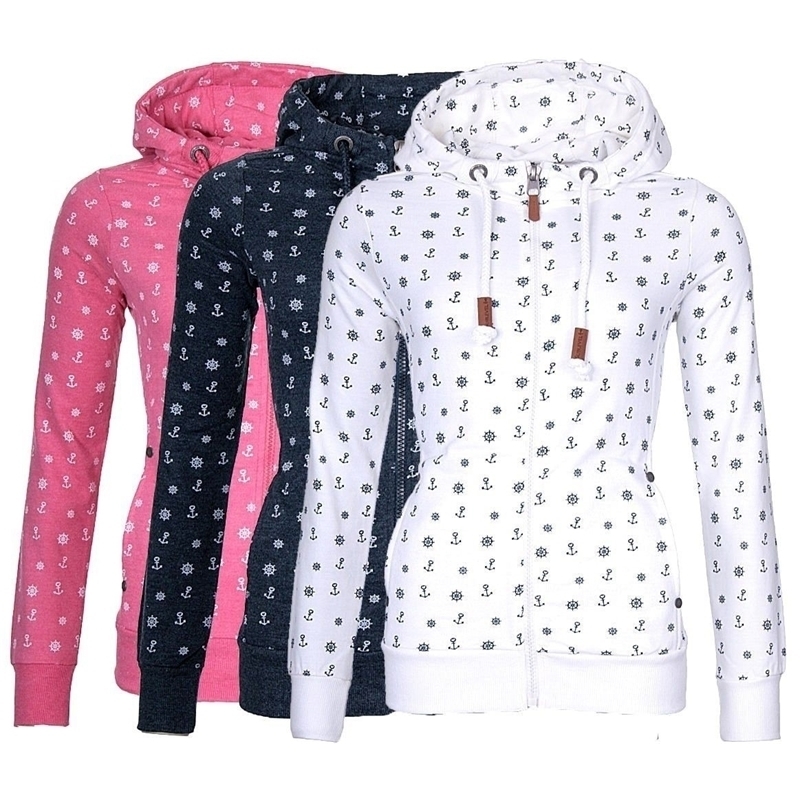 NEW Women Hooded Fleeces Oversize Sea Anchor Print Zipper coat Jumper Casual Sweatshirt Tops Autumn long sleeve hooded sw 201204