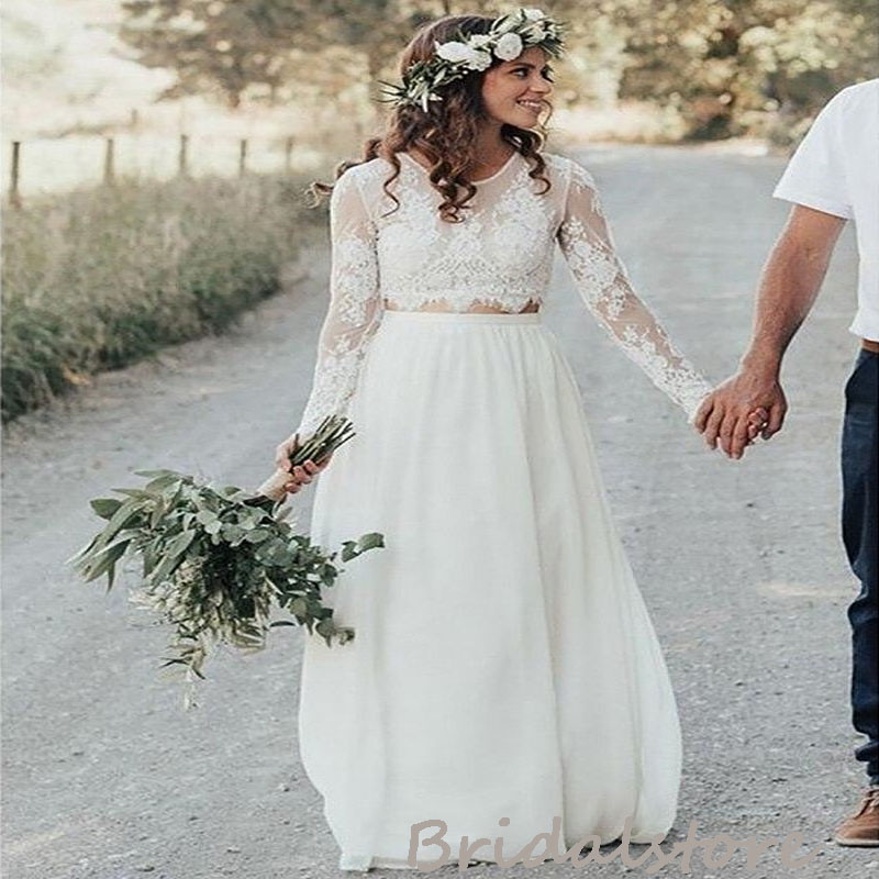 Rustic Two Piece Boho Wedding Dress 2022 Top Lace Long Sleeve Separates Beach Wedding Dresses Sexy Flowy Chiffon Country Bridal Gowns Robes De Mariage